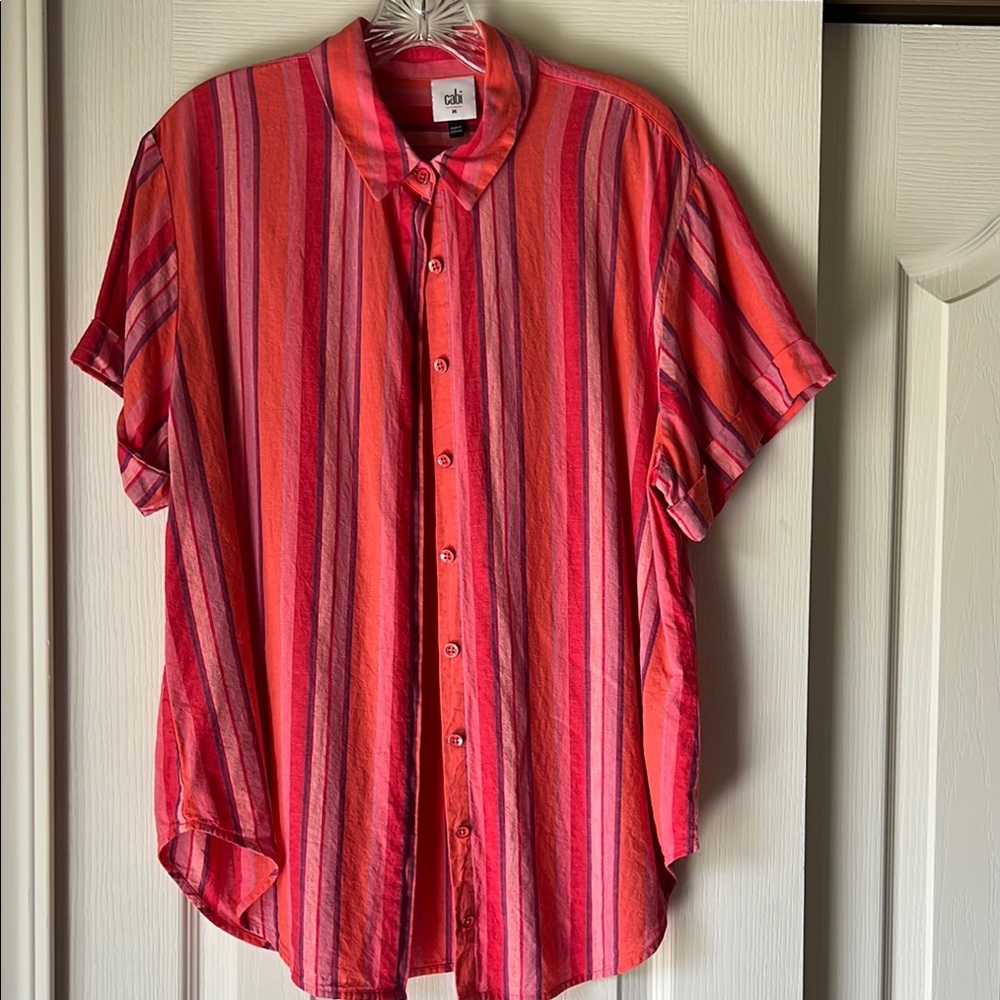 CAbi Red and Pink Striped Button Down Shirt